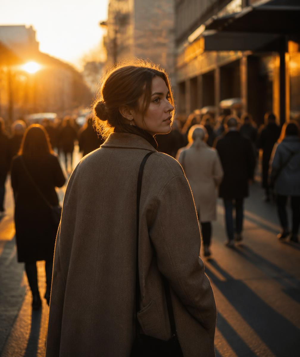 A woman walking through the city at golden hour