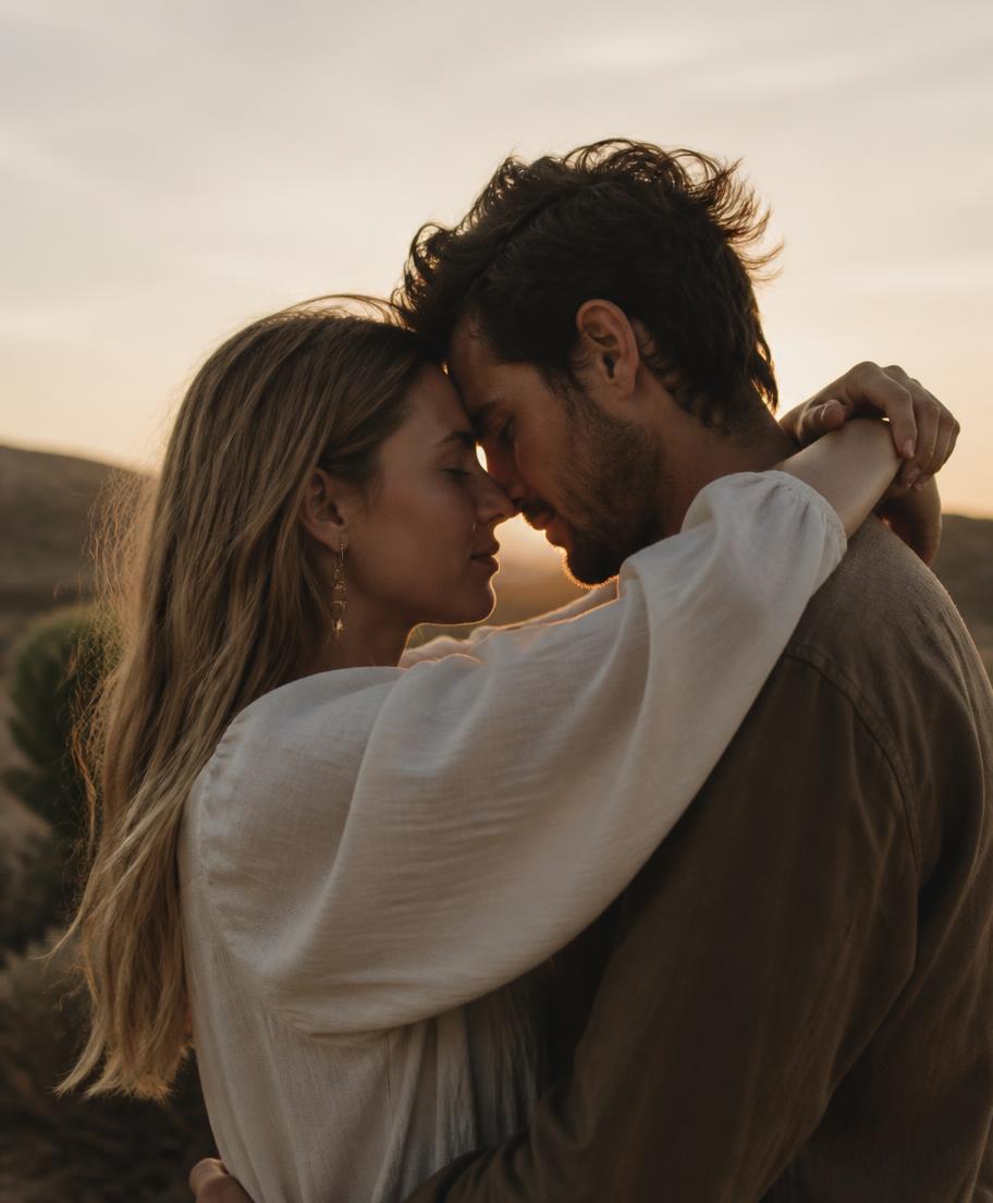 A couple close together at golden hour