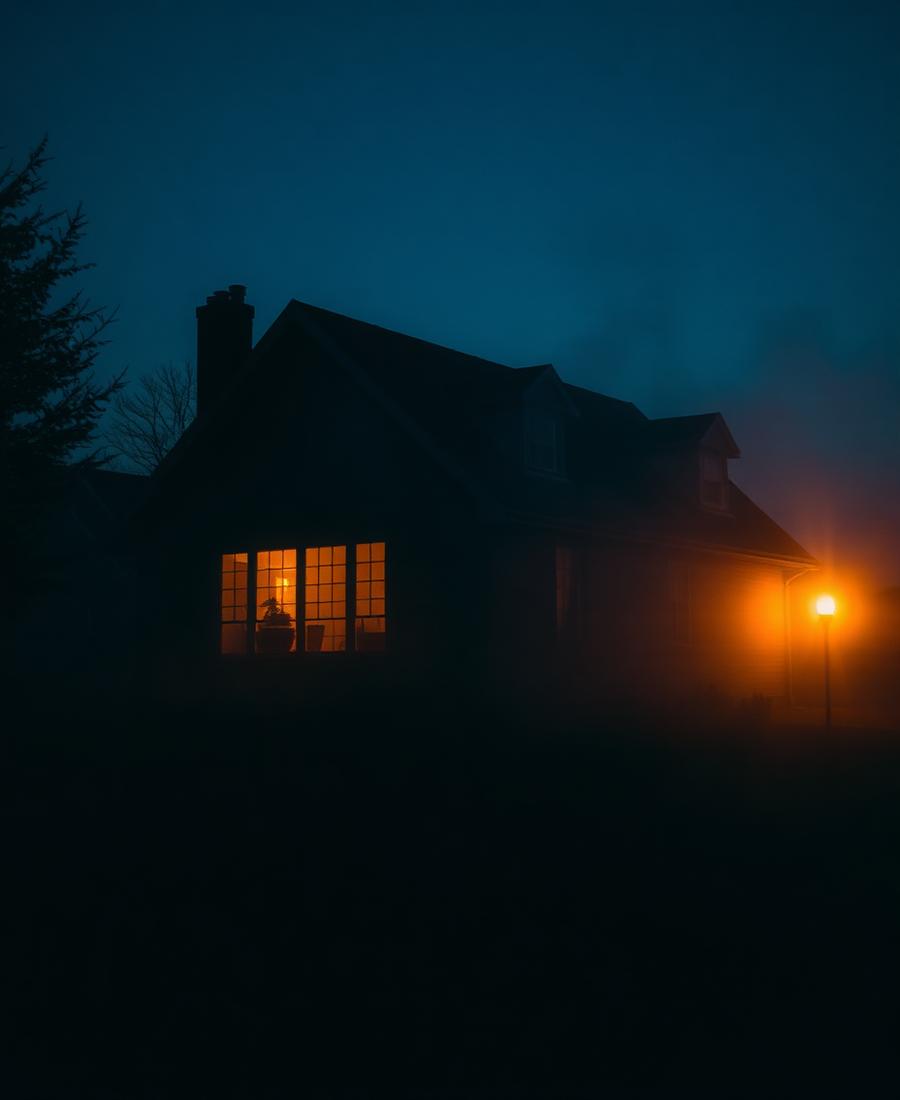A home with warm lit windows at night
