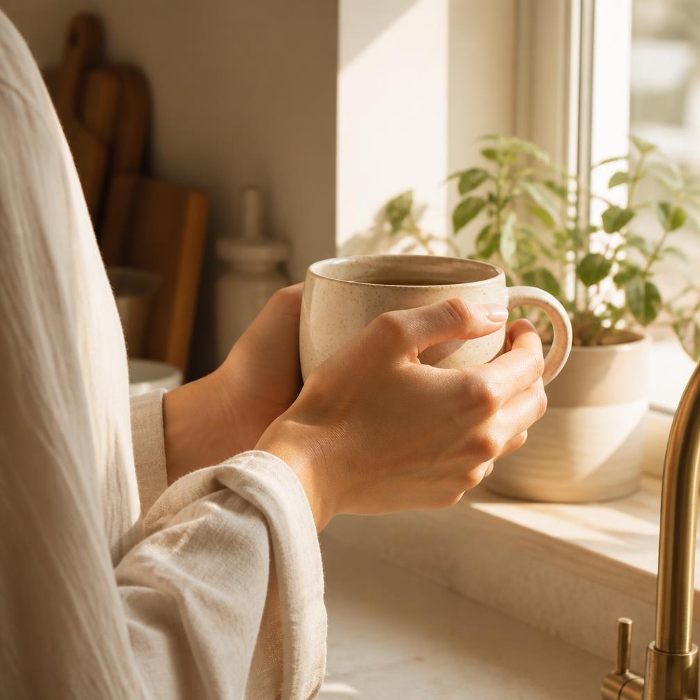 Hands holding a coffee cup by a sunlit window